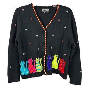 Vintage 80s Black Long Sleeve Multi Colored Cat Long Sleeve Cardigan Sweater M